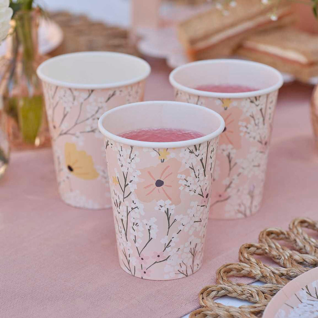 Pink Floral Paper Cups - Birthday Bloom - Ginger Ray - Pack Of 8 - Jolie Fete UK
