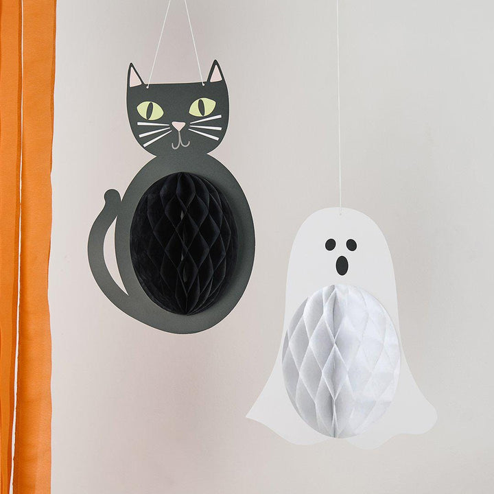Halloween Honeycomb Decorations - Black Cat & White Ghost - Halloween Party Decorations - Retro Halloween - Reusable - Pack Of 2 - Jolie Fete UK