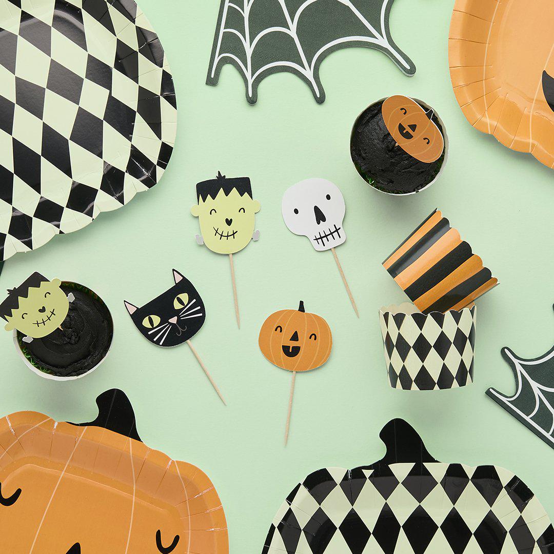 Halloween Food Cups & Picks Set - Halloween Treat Cups - Pumpkin, Ghost, Black Cat - Halloween Party Decorations -Retro Halloween-Pack Of 12 - Jolie Fete UK