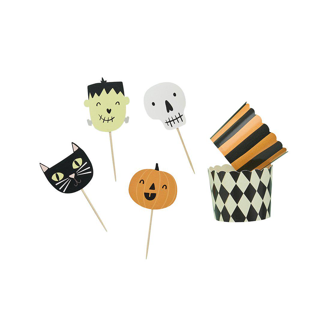 Halloween Food Cups & Picks Set - Halloween Treat Cups - Pumpkin, Ghost, Black Cat - Halloween Party Decorations -Retro Halloween-Pack Of 12 - Jolie Fete UK