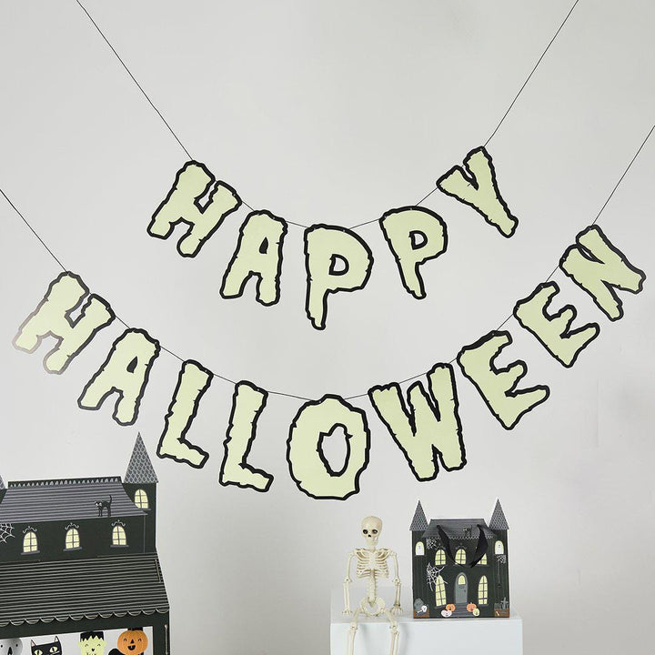 Happy Halloween Banner - Glow In The Dark Halloween Card Bunting - Halloween Party Decorations - Retro Halloween - 2m - Jolie Fete UK