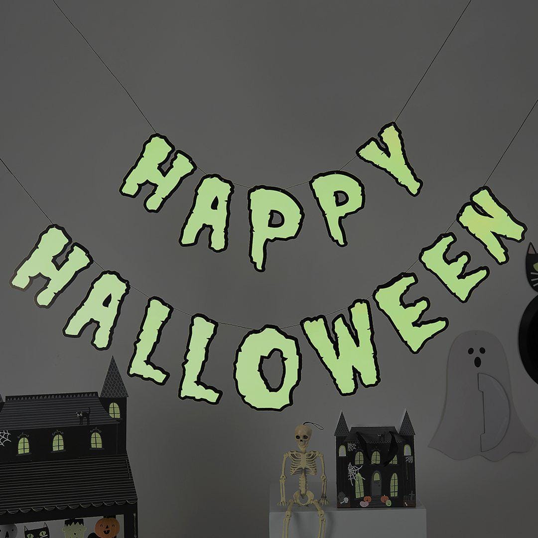 Happy Halloween Banner - Glow In The Dark Halloween Card Bunting - Halloween Party Decorations - Retro Halloween - 2m - Jolie Fete UK