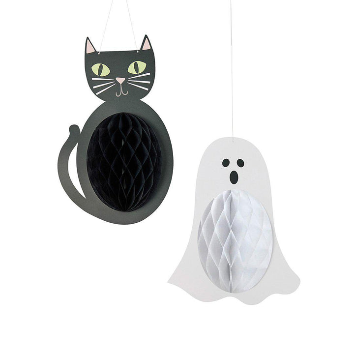 Halloween Honeycomb Decorations - Black Cat & White Ghost - Halloween Party Decorations - Retro Halloween - Reusable - Pack Of 2 - Jolie Fete UK