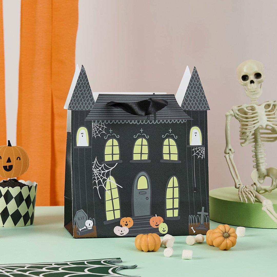 Halloween Party Bags - Black Haunted House Halloween Treat Bags - Halloween Party Decorations - Retro Halloween - Pack Of 5 - Jolie Fete UK