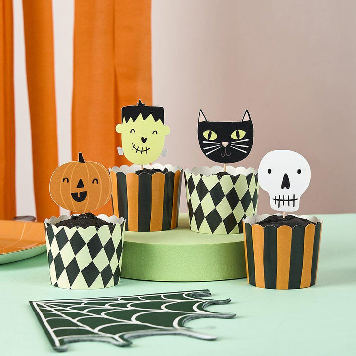 Halloween Food Cups & Picks Set - Halloween Treat Cups - Pumpkin, Ghost, Black Cat - Halloween Party Decorations -Retro Halloween-Pack Of 12 - Jolie Fete UK