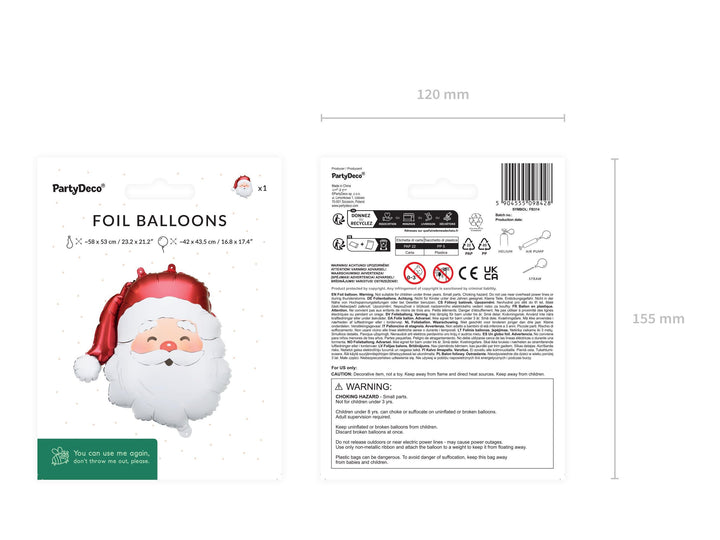 Santa Claus Foil Balloon - Santa Face Christmas Decoration - Festive Party Balloon - Holiday Home Decor-Kids Xmas-Inflate With Helium or Air - Jolie Fete UK