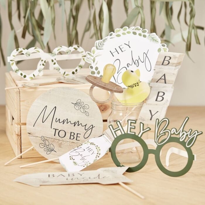 Baby Shower Photo Props - Hey Baby - Botanical Baby Photo Booth Props - Eco Friendly - Gender Neutral - Pack of 10