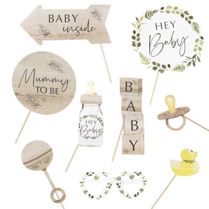 Baby Shower Photo Props - Hey Baby - Botanical Baby Photo Booth Props - Eco Friendly - Gender Neutral - Pack of 10