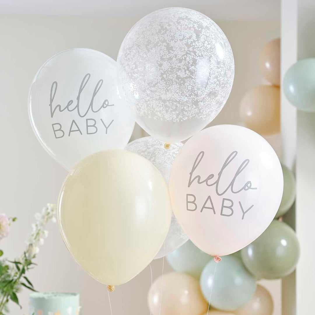 Hello Baby Baby Shower Balloons - Hello Baby Confetti Balloons - Floral Baby Shower Decorations - Pastel Baby Shower Decor - Pack of 5
