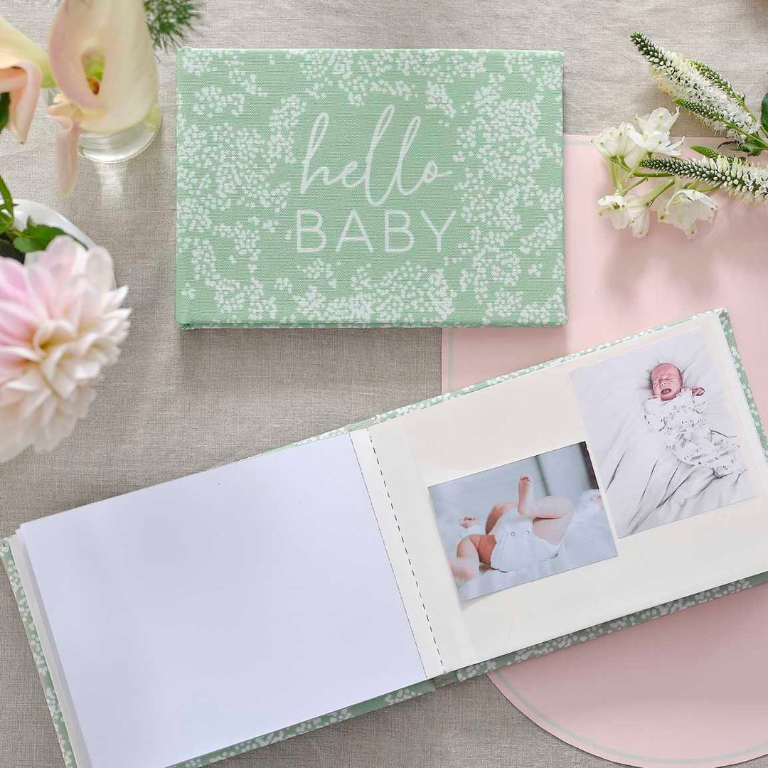 Hello Baby Fabric Baby Photo Album - Baby Shower Photo Album - Sage Green & White Baby Shower Guest Book - Floral Baby Shower
