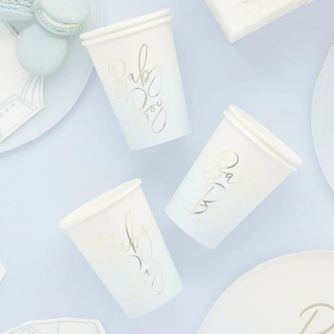Baby boy baby shower cups in blue ombre with gold foil script 'Baby Boy'