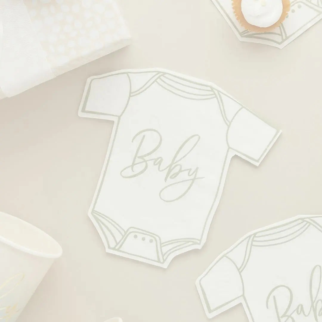 Sage green and cream baby shower napkins. Babygrow shape