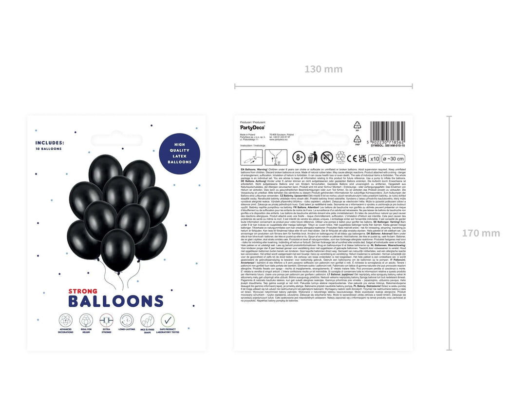 10 x Metallic Black 12" Strong Round Latex Balloons - Black Colour - Shiny Finish - Birthday Party Balloons - Halloween Decorations - Jolie Fete UK
