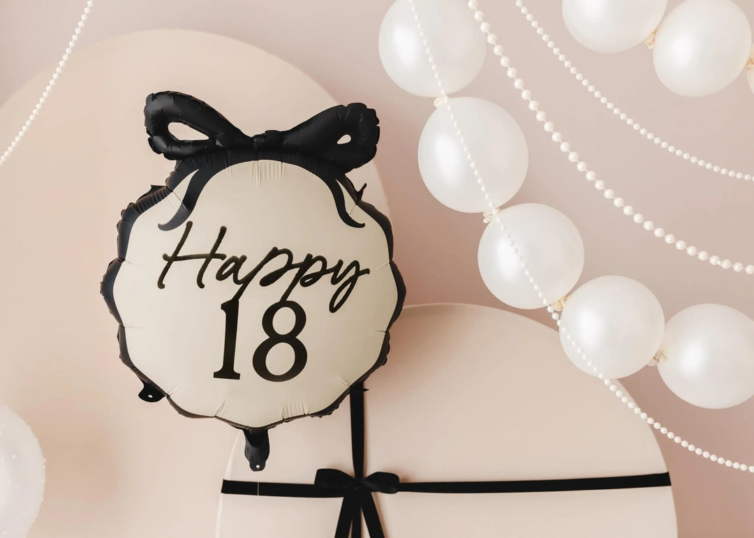 18th Birthday Balloon – Black & Cream Happy 18 Foil Balloon - Coquette Theme With Scallop Edge And Bow - Inflate With Helium Or Air - Jolie Fete UK