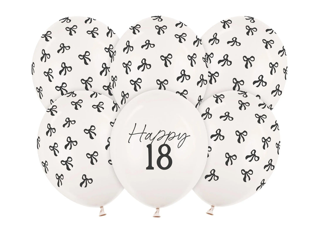 18th Birthday Balloons - Black Bows & Off White Happy 18 Balloon Pack - Coquette Theme - Inflate With Helium Or Air - Pack Of 6 - Jolie Fete UK