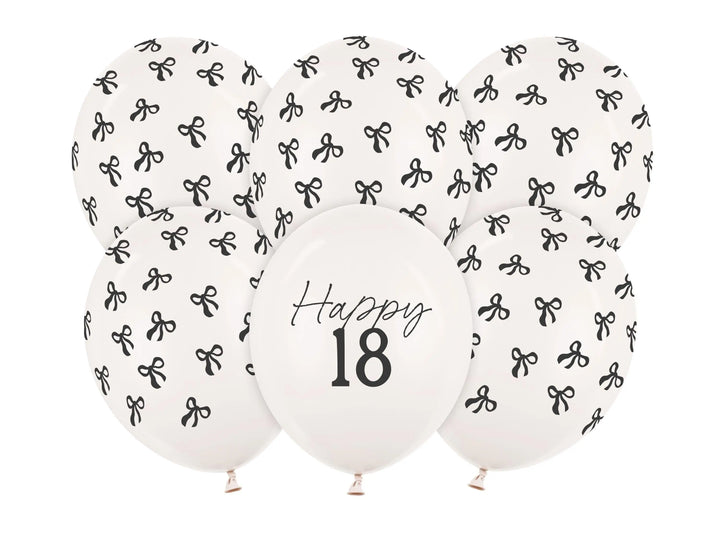 18th Birthday Balloons - Black Bows & Off White Happy 18 Balloon Pack - Coquette Theme - Inflate With Helium Or Air - Pack Of 6 - Jolie Fete UK