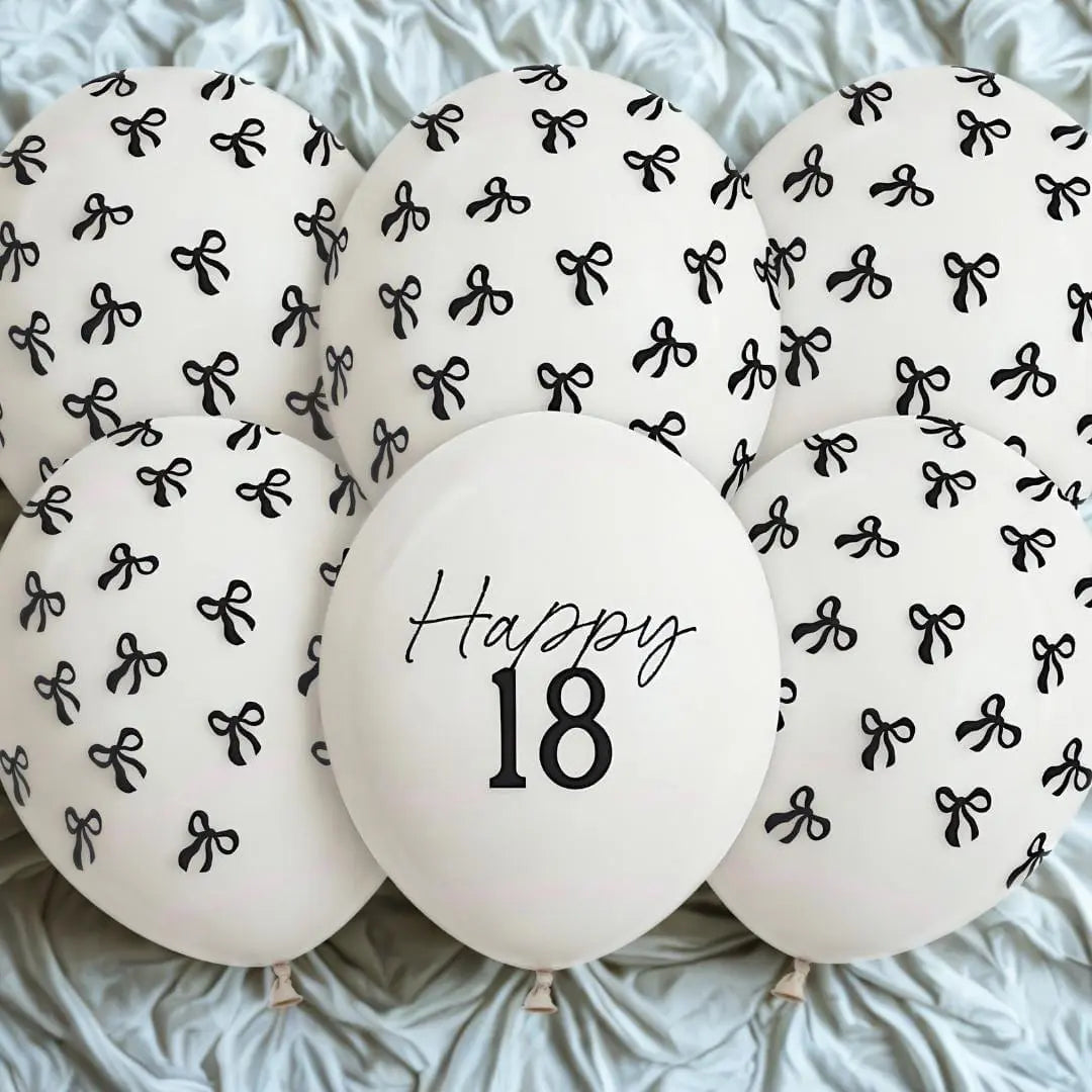 18th Birthday Balloons - Black Bows & Off White Happy 18 Balloon Pack - Coquette Theme - Inflate With Helium Or Air - Pack Of 6 - Jolie Fete UK