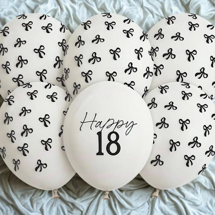 18th Birthday Balloons - Black Bows & Off White Happy 18 Balloon Pack - Coquette Theme - Inflate With Helium Or Air - Pack Of 6 - Jolie Fete UK