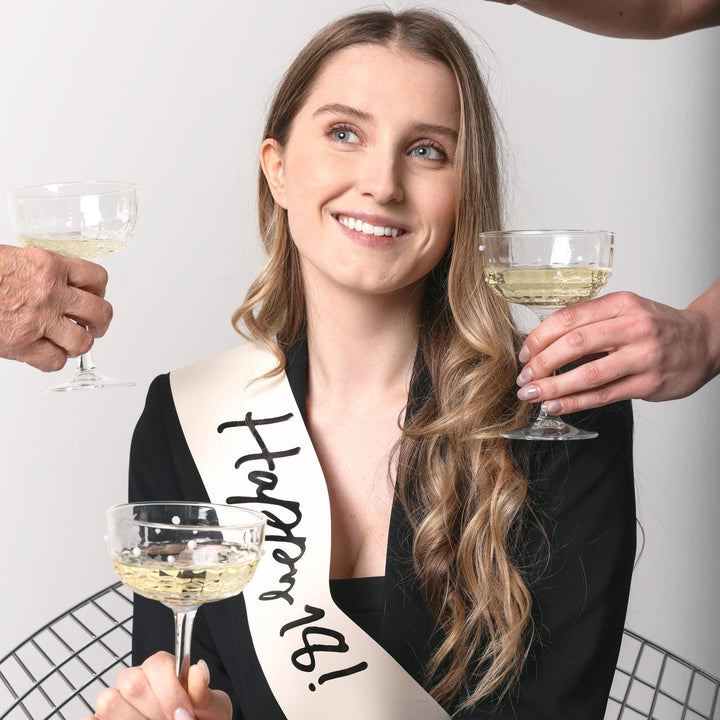 18th Birthday Sash With Velvet Ribbon – Paper Happy 18! Milestone Sash - Black Script - Black and Cream Birthday Accessory for 18th Birthday - Jolie Fete UK