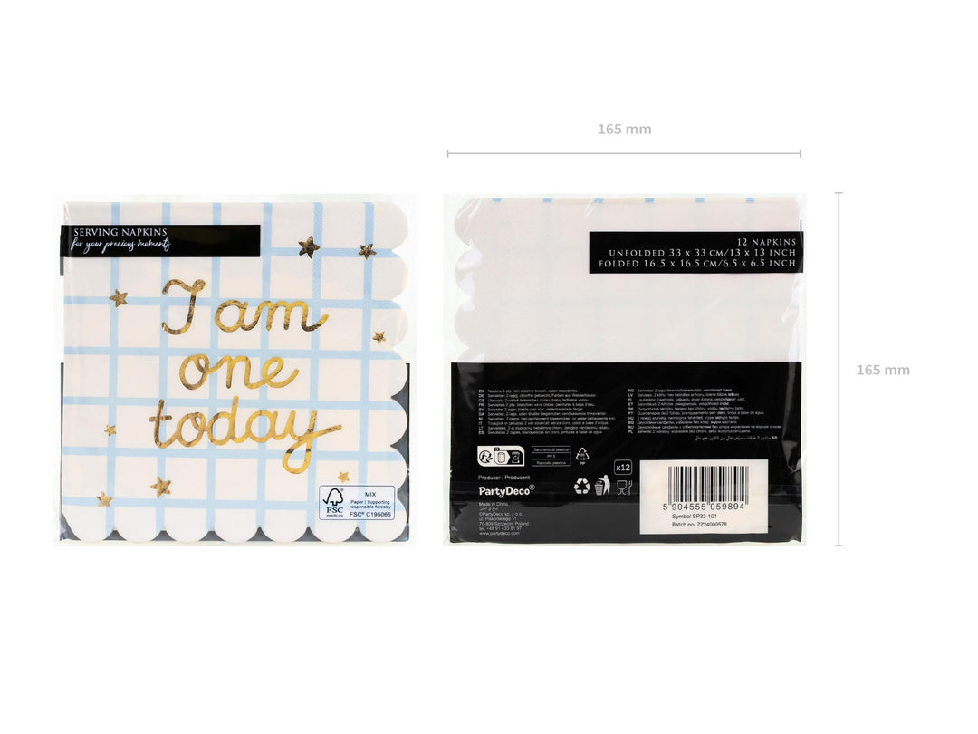 1st Birthday Paper Napkins - I Am One Today Napkins - Blue Grid & Gold - Scalloped Edge - Boys First Birthday Party Tableware - Pack of 12 - Jolie Fete UK