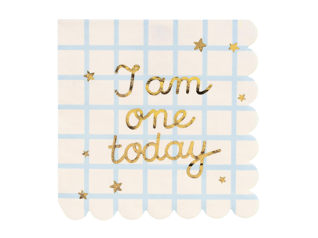 1st Birthday Paper Napkins - I Am One Today Napkins - Blue Grid & Gold - Scalloped Edge - Boys First Birthday Party Tableware - Pack of 12 - Jolie Fete UK