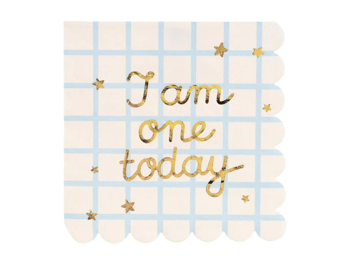 1st Birthday Paper Napkins - I Am One Today Napkins - Blue Grid & Gold - Scalloped Edge - Boys First Birthday Party Tableware - Pack of 12 - Jolie Fete UK