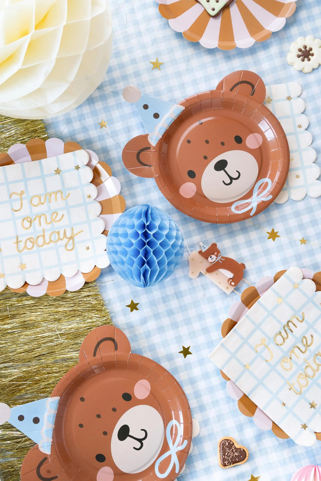 1st Birthday Paper Napkins - I Am One Today Napkins - Blue Grid & Gold - Scalloped Edge - Boys First Birthday Party Tableware - Pack of 12 - Jolie Fete UK