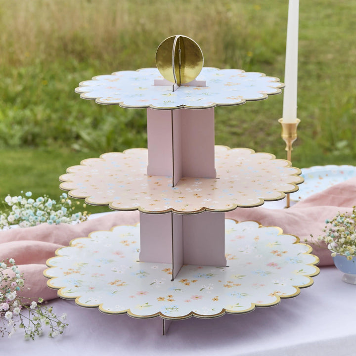 Floral Cake Stand - 3 Tier Cardboard Cupcake Stand for Afternoon Tea - Vintage Tea Party Decorations - Hen Party, Baby Shower & Garden Party - Jolie Fete UK