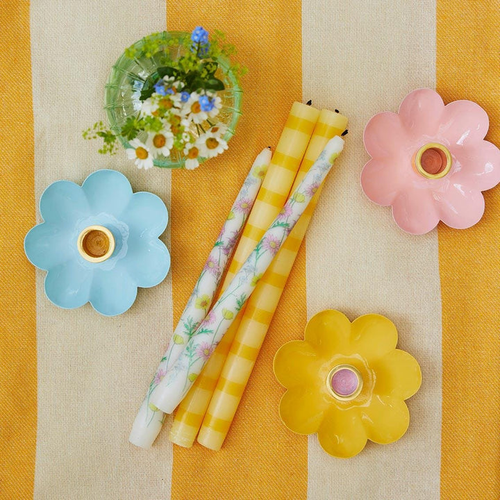 3 x Enamel Flower Shaped Candle Holders - Pastel Pink, Yellow & Blue Bloom Candlesticks - Retro Table Decor - Spring Party Supplies - Jolie Fete UK