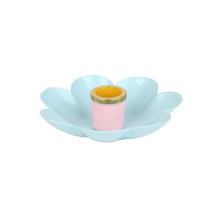 3 x Enamel Flower Shaped Candle Holders - Pastel Pink, Yellow & Blue Bloom Candlesticks - Retro Table Decor - Spring Party Supplies - Jolie Fete UK