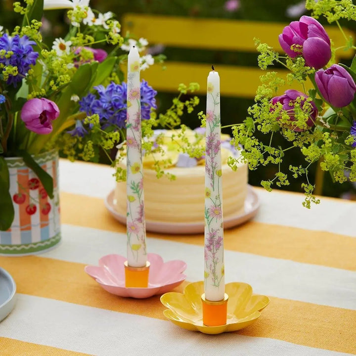 3 x Enamel Flower Shaped Candle Holders - Pastel Pink, Yellow & Blue Bloom Candlesticks - Retro Table Decor - Spring Party Supplies - Jolie Fete UK