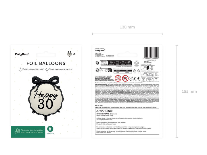30th Birthday Balloon – Black & Cream Happy 30 Foil Balloon - Coquette Theme With Scallop Edge And Bow - Inflate With Helium Or Air - Jolie Fete UK