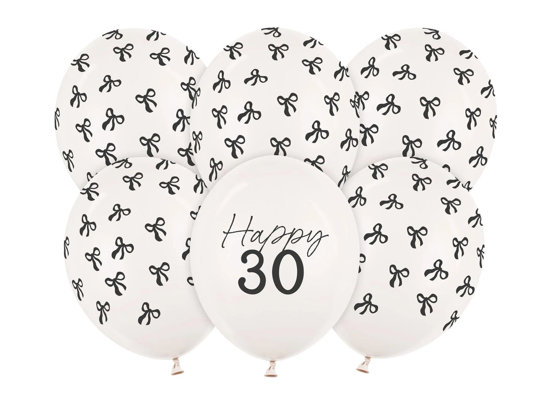 30th Birthday Balloons - Black Bows & Off White Happy 30 Balloon Pack - Coquette Theme - Inflate With Helium Or Air - Pack Of 6 - Jolie Fete UK