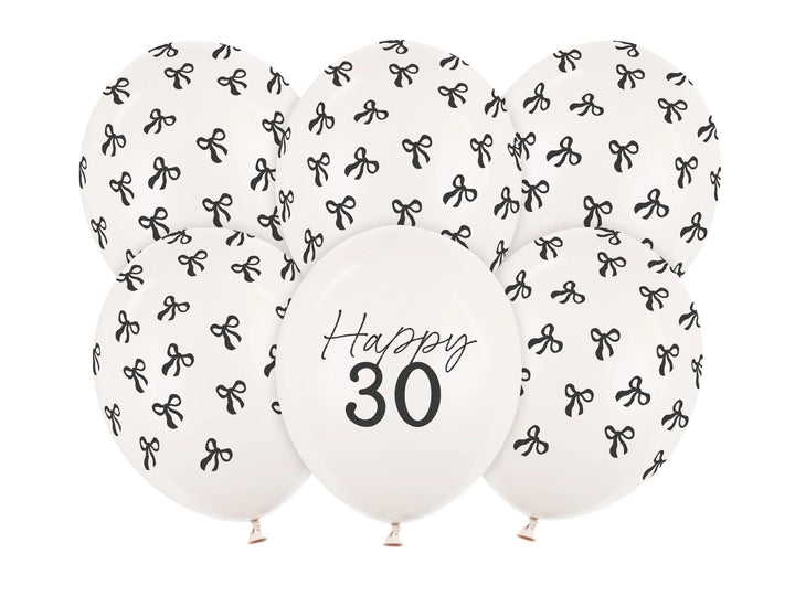 30th Birthday Balloons - Black Bows & Off White Happy 30 Balloon Pack - Coquette Theme - Inflate With Helium Or Air - Pack Of 6 - Jolie Fete UK