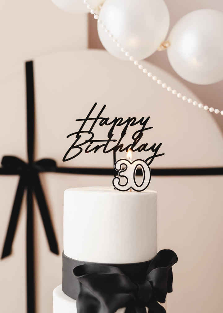 30th Birthday Cake Candle – Milestone Number Candle - Monochrome Black & White - Modern Cake Topper For 30 Birthday Party - Cake Decoration - Jolie Fete UK