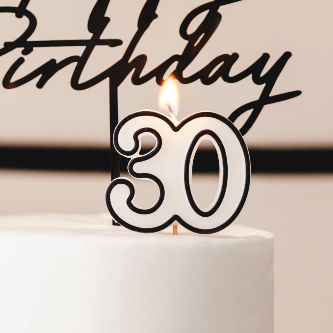 30th Birthday Cake Candle – Milestone Number Candle - Monochrome Black & White - Modern Cake Topper For 30 Birthday Party - Cake Decoration - Jolie Fete UK