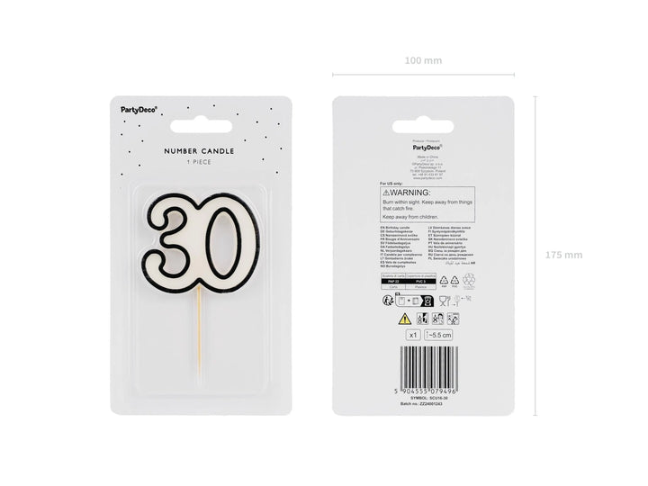 30th Birthday Cake Candle – Milestone Number Candle - Monochrome Black & White - Modern Cake Topper For 30 Birthday Party - Cake Decoration - Jolie Fete UK
