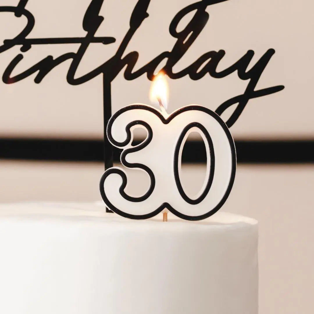 30th Birthday Cake Candle – Milestone Number Candle - Monochrome Black & White - Modern Cake Topper For 30 Birthday Party - Cake Decoration - Jolie Fete UK