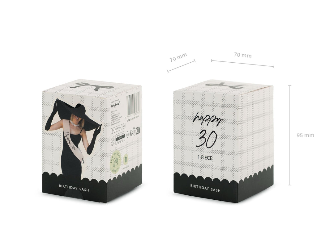 30th Birthday Sash With Velvet Ribbon – Paper Happy 30! Milestone Sash - Black Script - Black and Cream Birthday Accessory for 30th Birthday - Jolie Fete UK