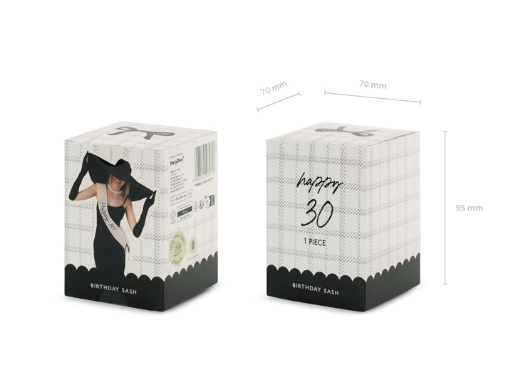 30th Birthday Sash With Velvet Ribbon – Paper Happy 30! Milestone Sash - Black Script - Black and Cream Birthday Accessory for 30th Birthday - Jolie Fete UK