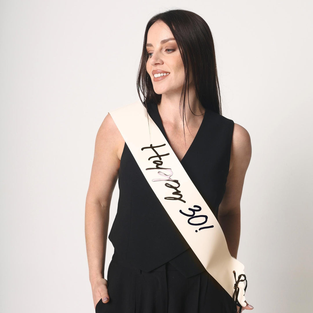 30th Birthday Sash With Velvet Ribbon – Paper Happy 30! Milestone Sash - Black Script - Black and Cream Birthday Accessory for 30th Birthday - Jolie Fete UK