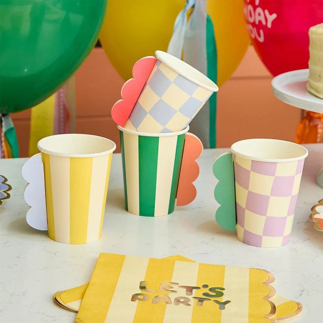 3D Paper Cups - Rainbow Birthday Cups - Kids Party Tableware - Geometric Scalloped Trim - Checkered & Striped Drinking Cups - Colourful Cups - Jolie Fete UK