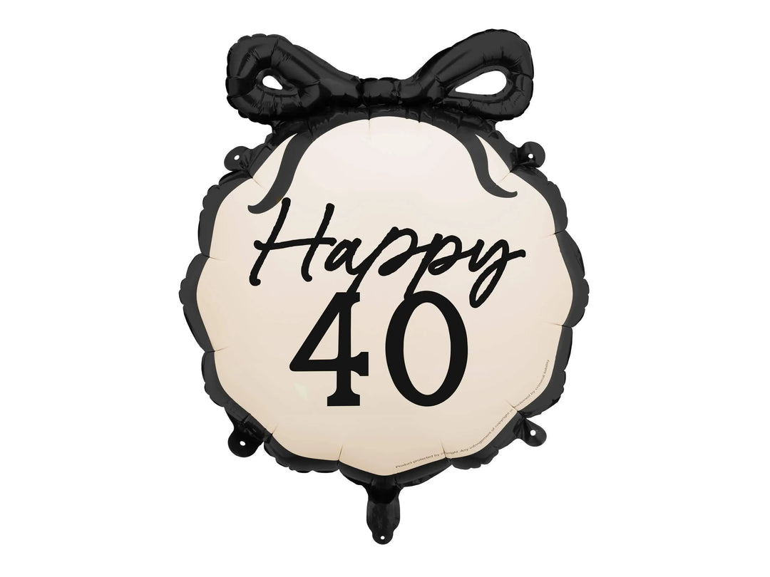 40th Birthday Balloon – Black & Cream Happy 40 Foil Balloon - Coquette Theme With Scallop Edge And Bow - Inflate With Helium Or Air - Jolie Fete UK