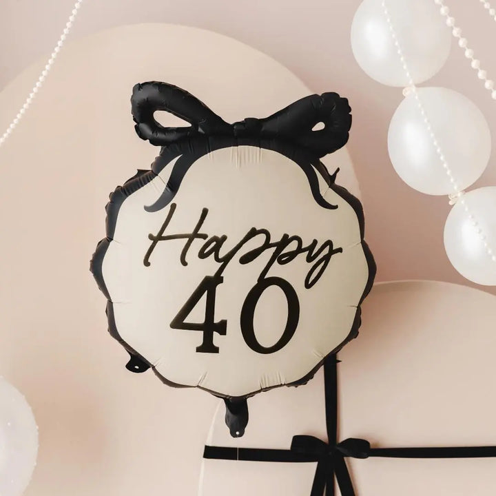 40th Birthday Balloon – Black & Cream Happy 40 Foil Balloon - Coquette Theme With Scallop Edge And Bow - Inflate With Helium Or Air - Jolie Fete UK
