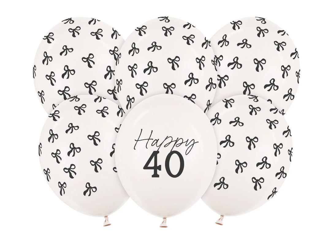 40th Birthday Balloons - Black Bows & Off White Happy 40 Balloon Pack - Coquette Theme - Inflate With Helium Or Air - Pack Of 6 - Jolie Fete UK