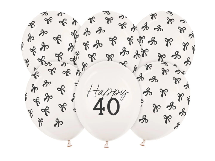 40th Birthday Balloons - Black Bows & Off White Happy 40 Balloon Pack - Coquette Theme - Inflate With Helium Or Air - Pack Of 6 - Jolie Fete UK