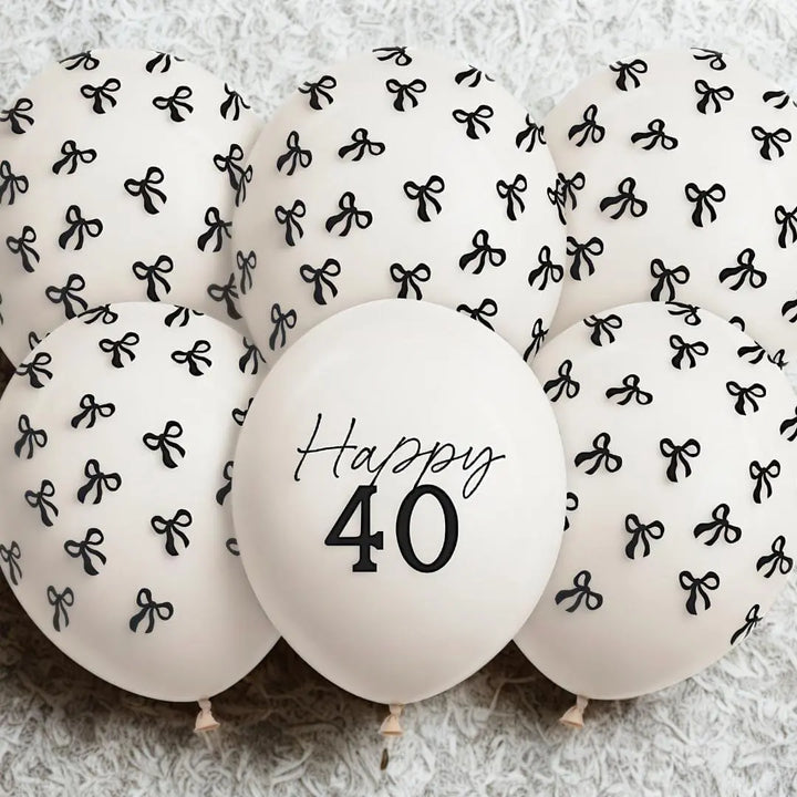 40th Birthday Balloons - Black Bows & Off White Happy 40 Balloon Pack - Coquette Theme - Inflate With Helium Or Air - Pack Of 6 - Jolie Fete UK