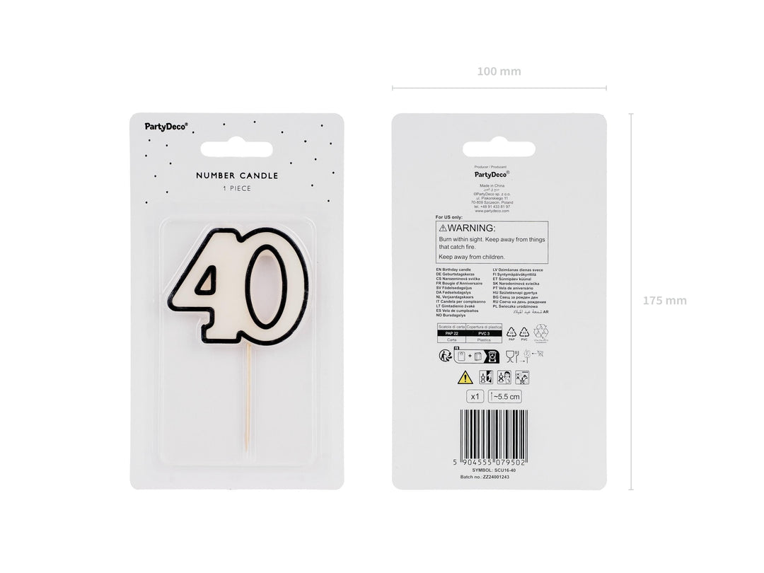 40th Birthday Cake Candle – Milestone Number Candle - Monochrome Black & White - Modern Cake Topper For 40 Birthday Party - Cake Decoration - Jolie Fete UK