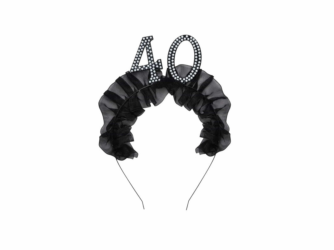 40th Birthday Headband – Black Ruffle Hairband With Pearl 40 - Luxury Birthday Crown for Fortieth Birthday - Elegant Party Accessory - Jolie Fete UK
