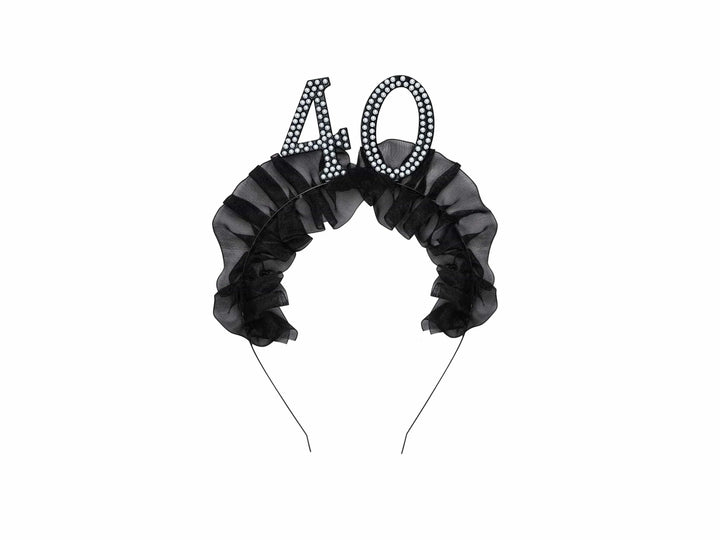 40th Birthday Headband – Black Ruffle Hairband With Pearl 40 - Luxury Birthday Crown for Fortieth Birthday - Elegant Party Accessory - Jolie Fete UK
